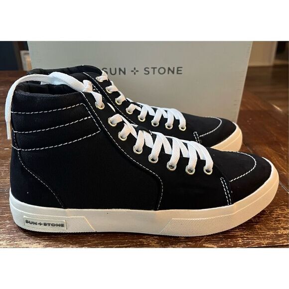 SUN STONE Mens Black Cushioned Jett Round Toe Lace-Up Sneakers - Picture 2 of 6